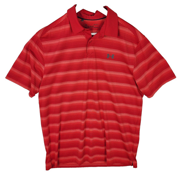 Under Armour HeatGear Polo Golf Shirt Men Size Large Loose Fit Red Stripe. EUC - Picture 1 of 4